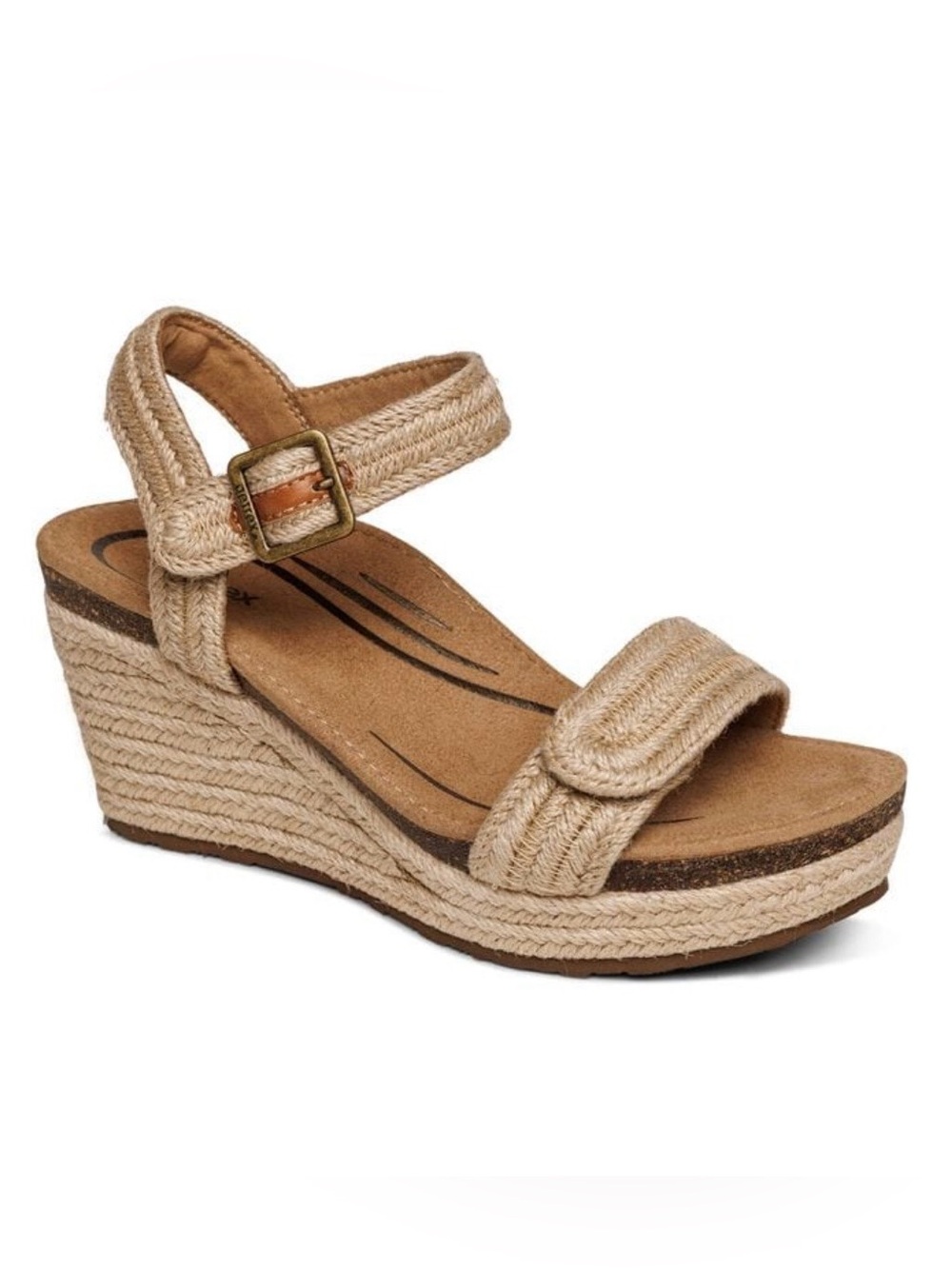 Aetrex Sydney Quarter Strap Espadrille Wedge Sandals Tan Braided Ankle Strap 8.5